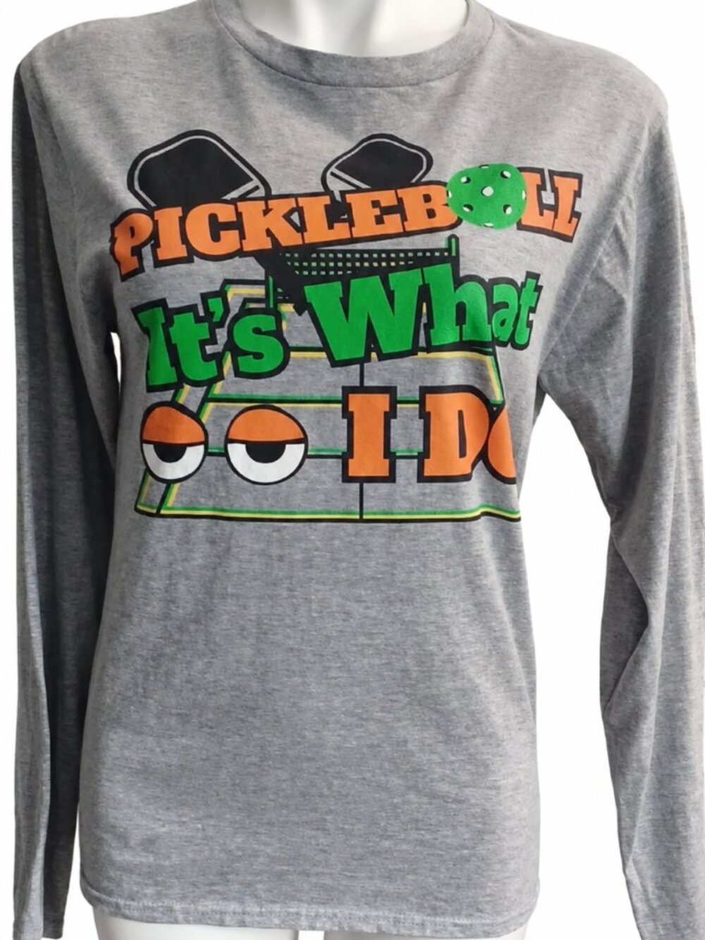 Unisex Small gray long sleeve graphic shirt. Pickleball top. Pickle ball game.